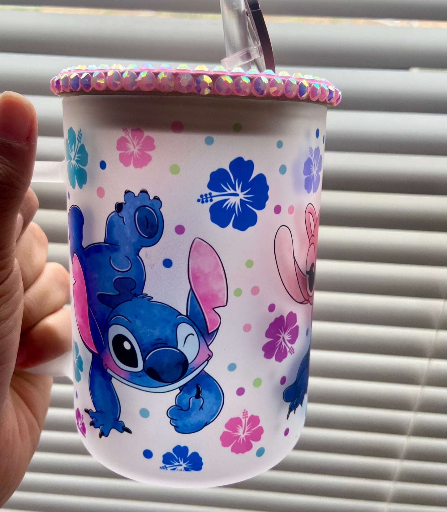 Stitch and Angel 15oz frosted glass mug with pink Rhinestone Lid and straw charm