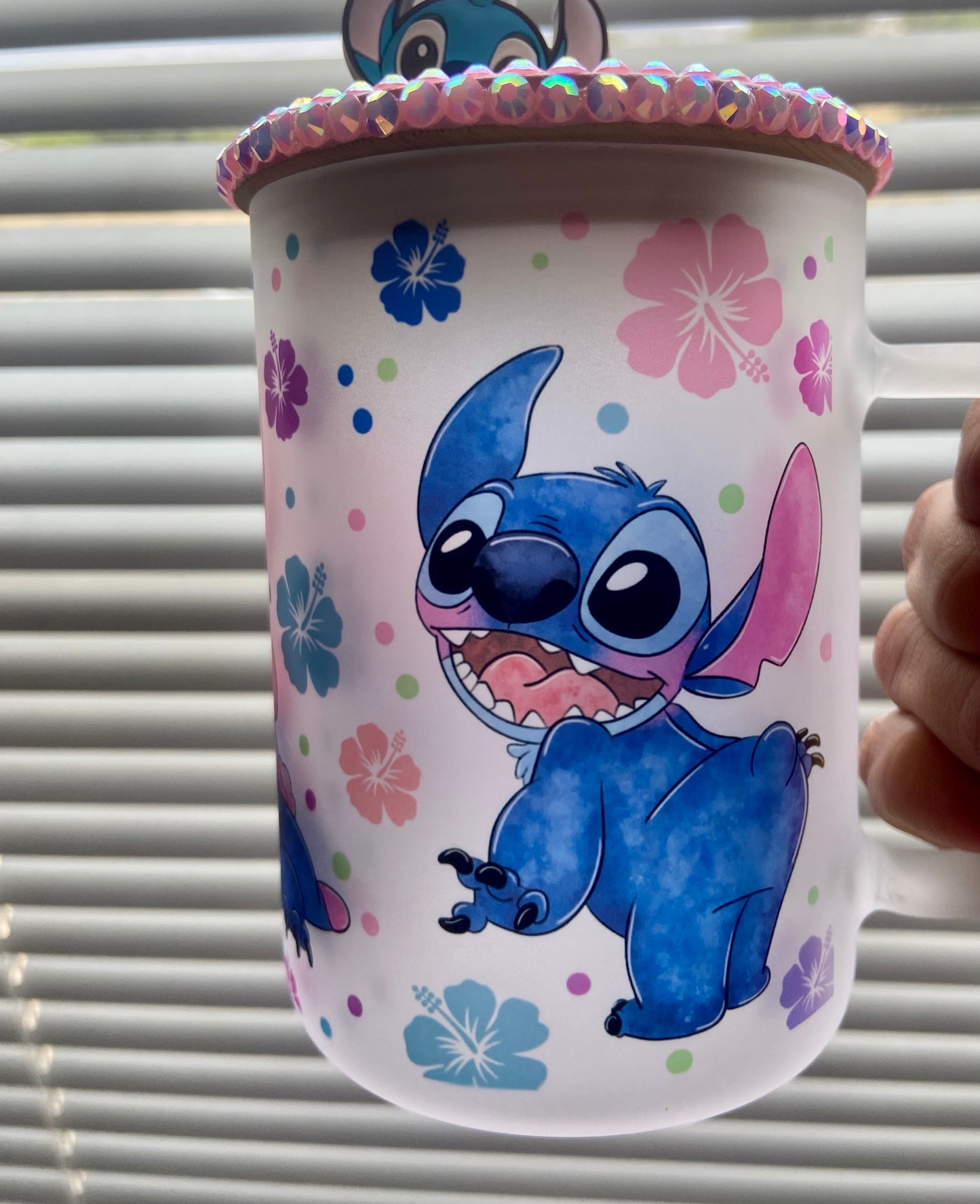 Stitch and Angel 15oz frosted glass mug with pink Rhinestone Lid and straw charm
