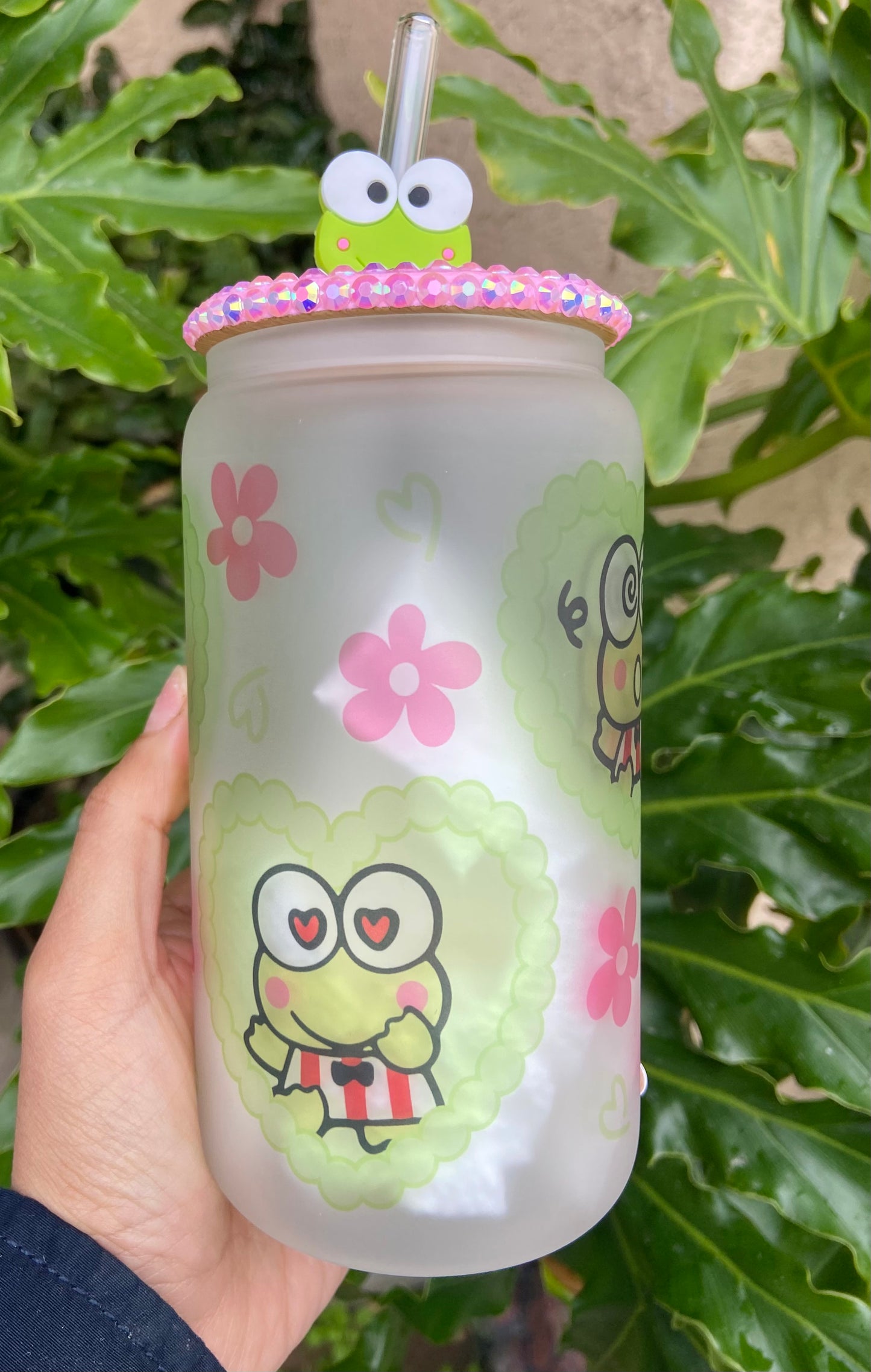 Keroppi pink and green frosted glass cup