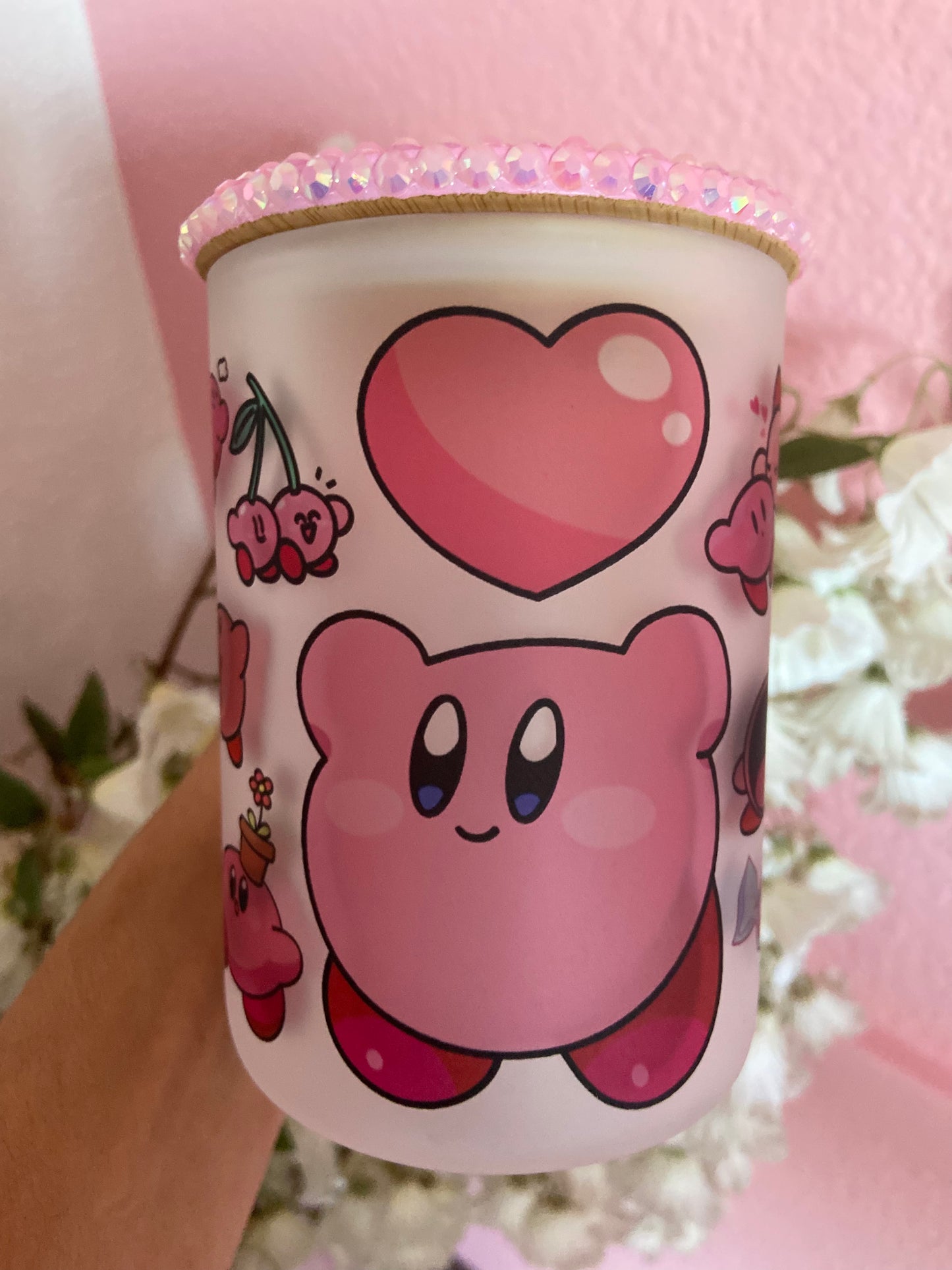 Pink Kirby Frosted Mug with Rhinestone Lid