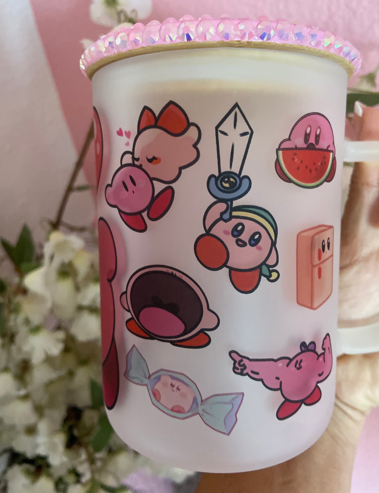 Pink Kirby Frosted Mug with Rhinestone Lid