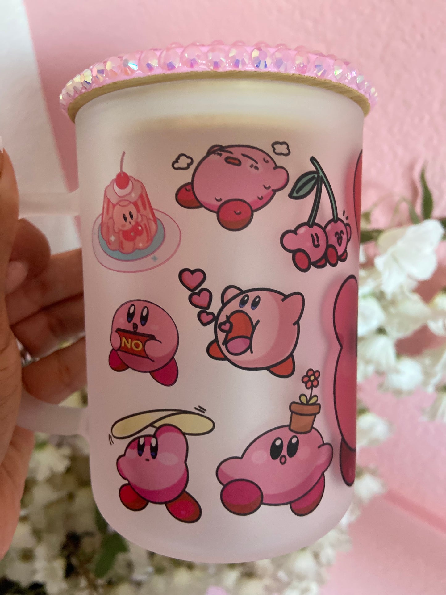 Pink Kirby Frosted Mug with Rhinestone Lid